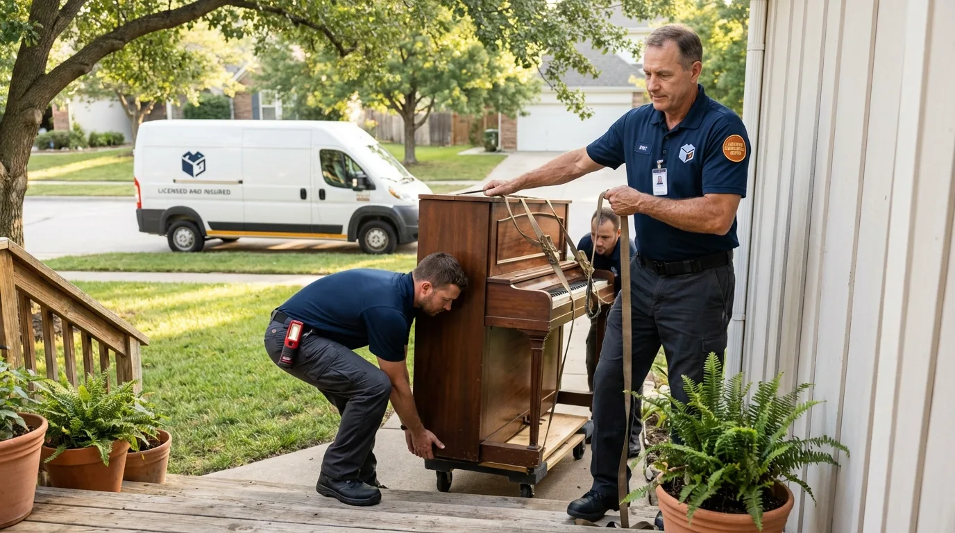 Licensed piano movers securing grand piano in Alma, GA