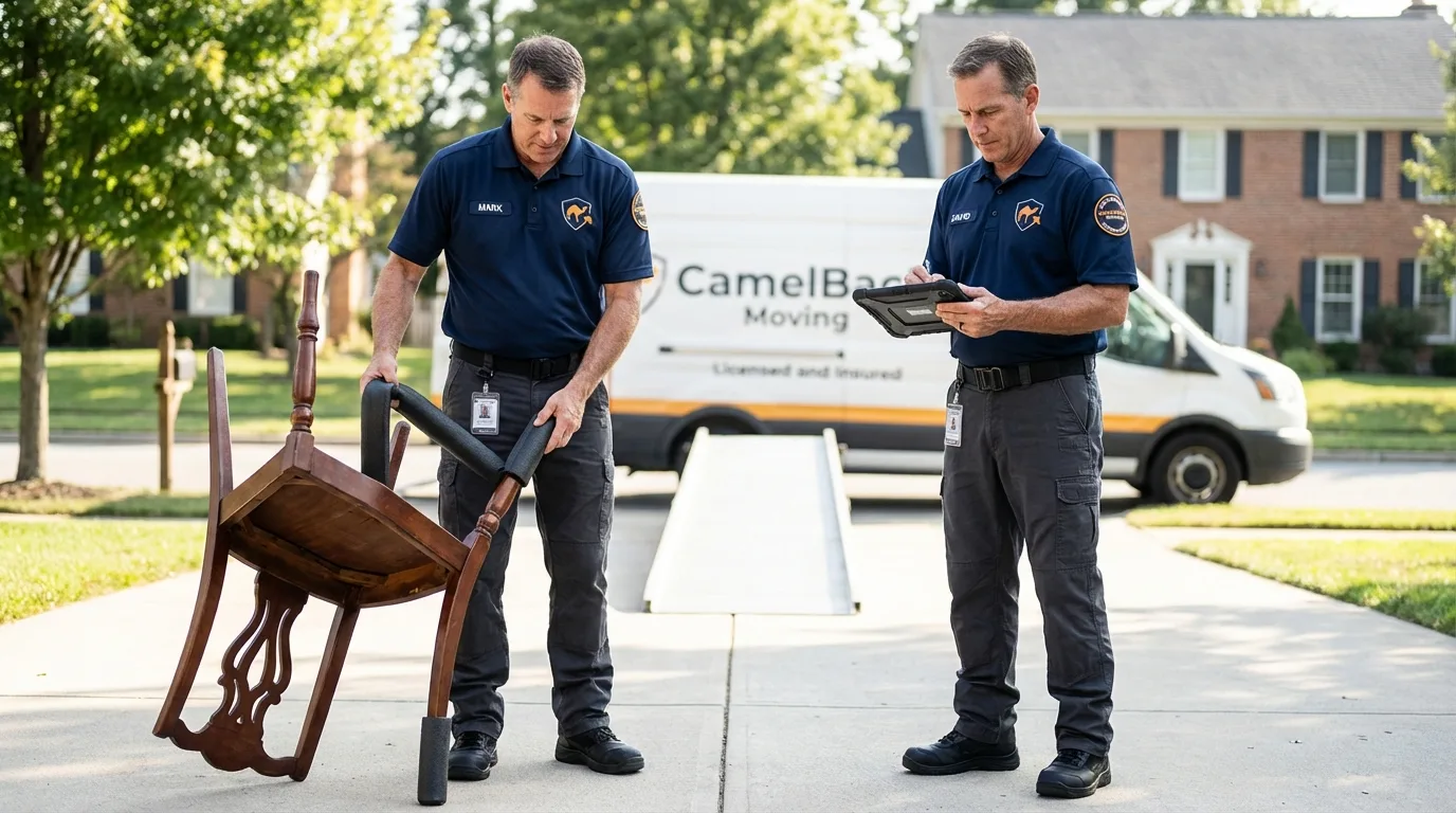Movers inspecting furniture for damage prevention before loading in Alma, GA