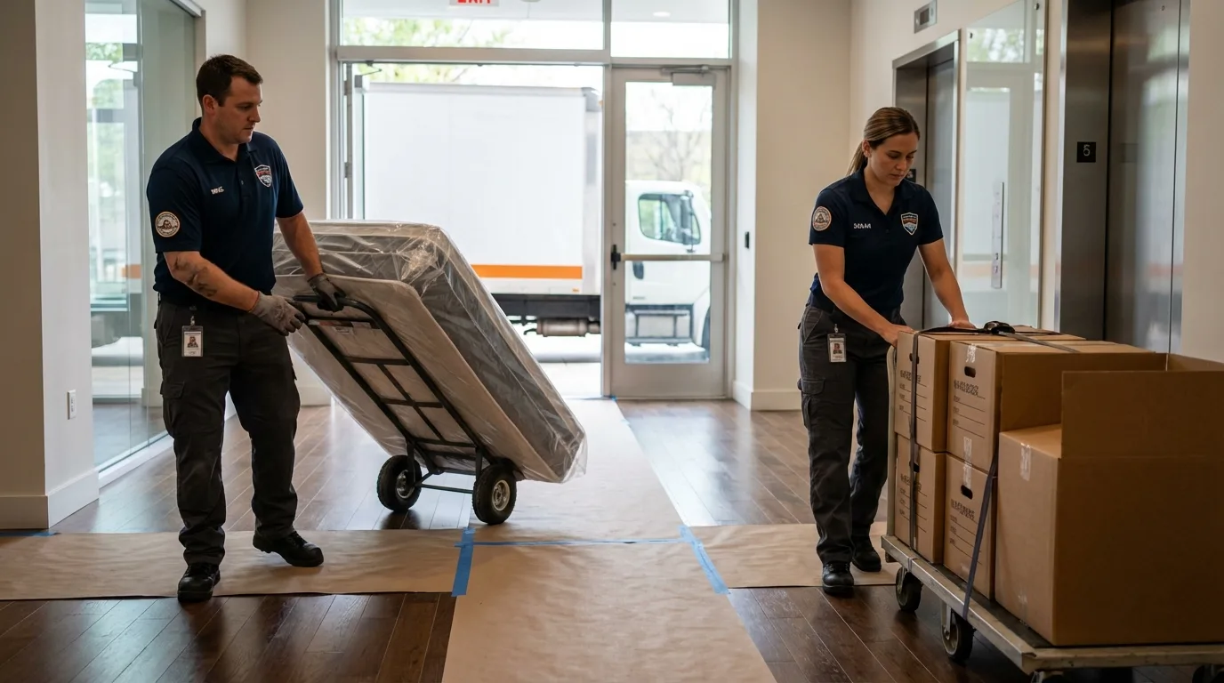 Professional apartment movers loading elevator in Alma, GA
